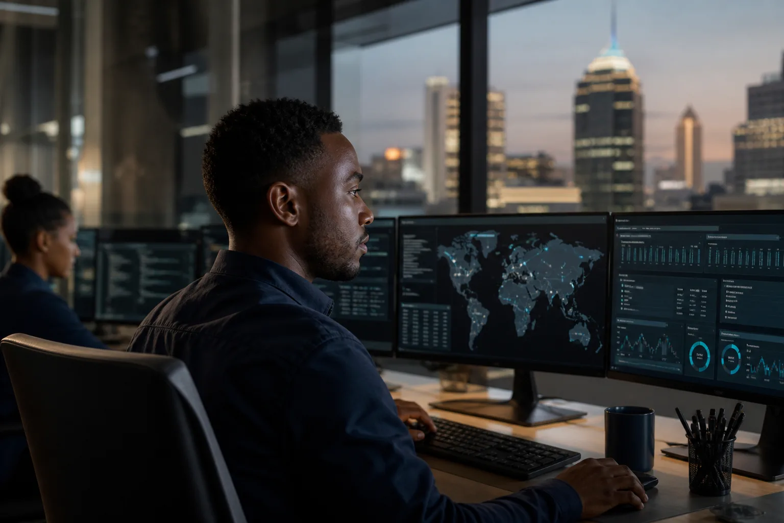 Cybersecurity operations desk in a South African office — cyber liability insurance for POPIA and ransomware