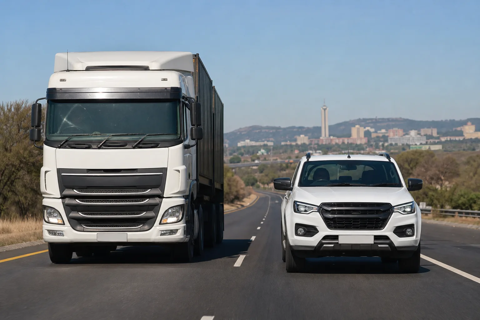 Heavy truck and light commercial vehicle on a South African highway — truck insurance versus commercial vehicle cover