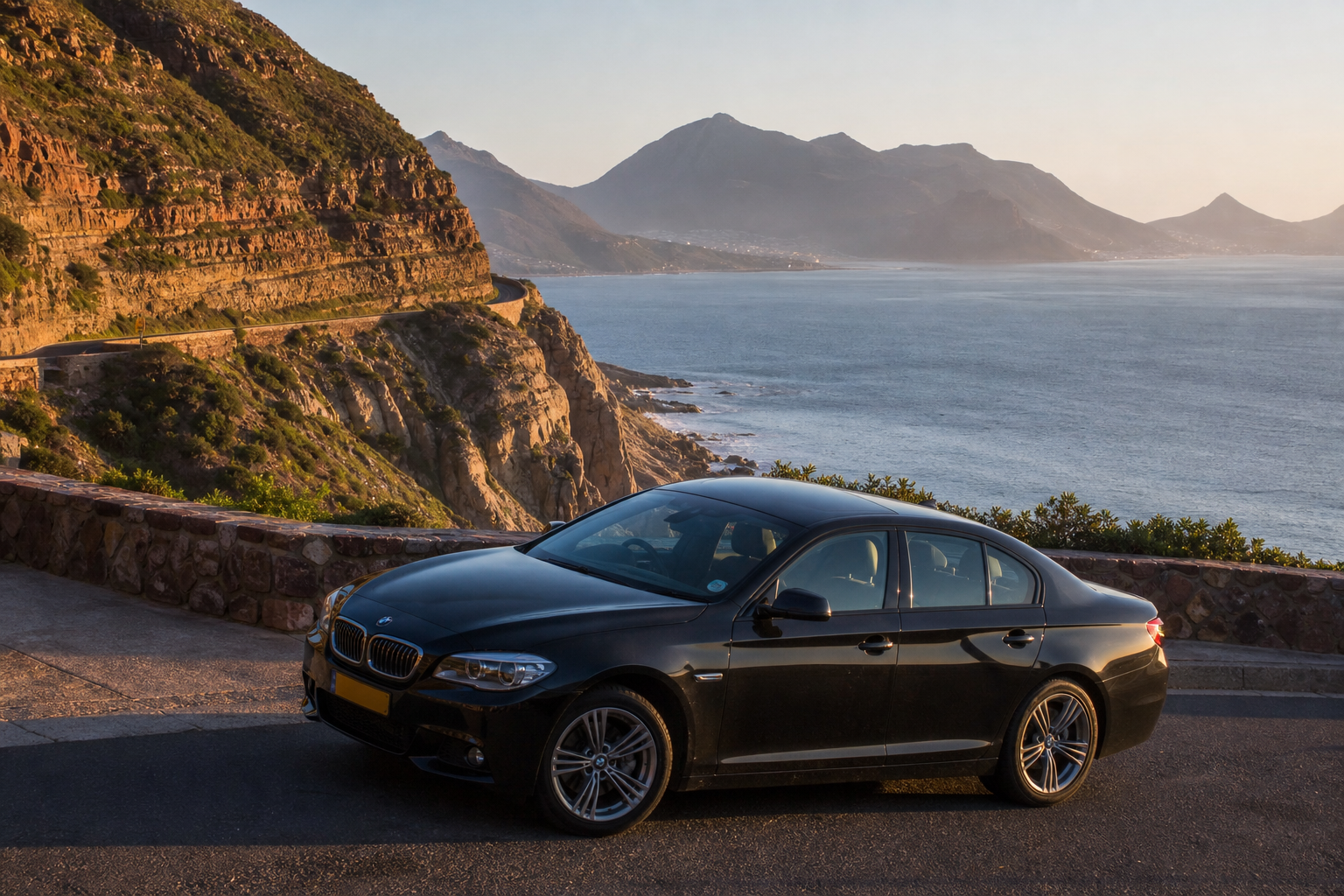 Premium sedan with a yellow South African plate parked on Chapman’s Peak Drive above the Atlantic — motor cover for local roads and risk areas