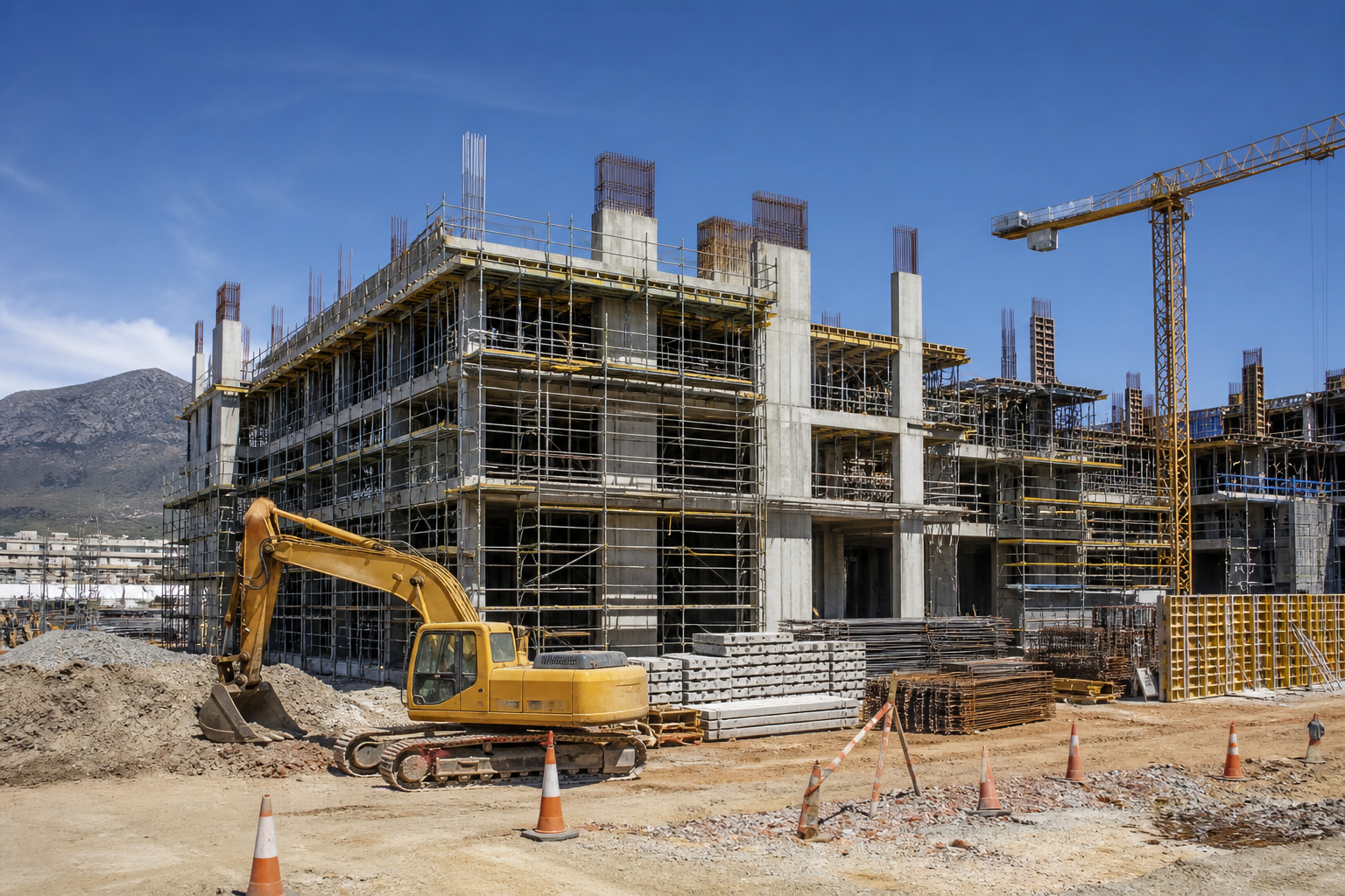 South African construction site with scaffolding and plant — contractors all-risk, plant and works-in-progress cover