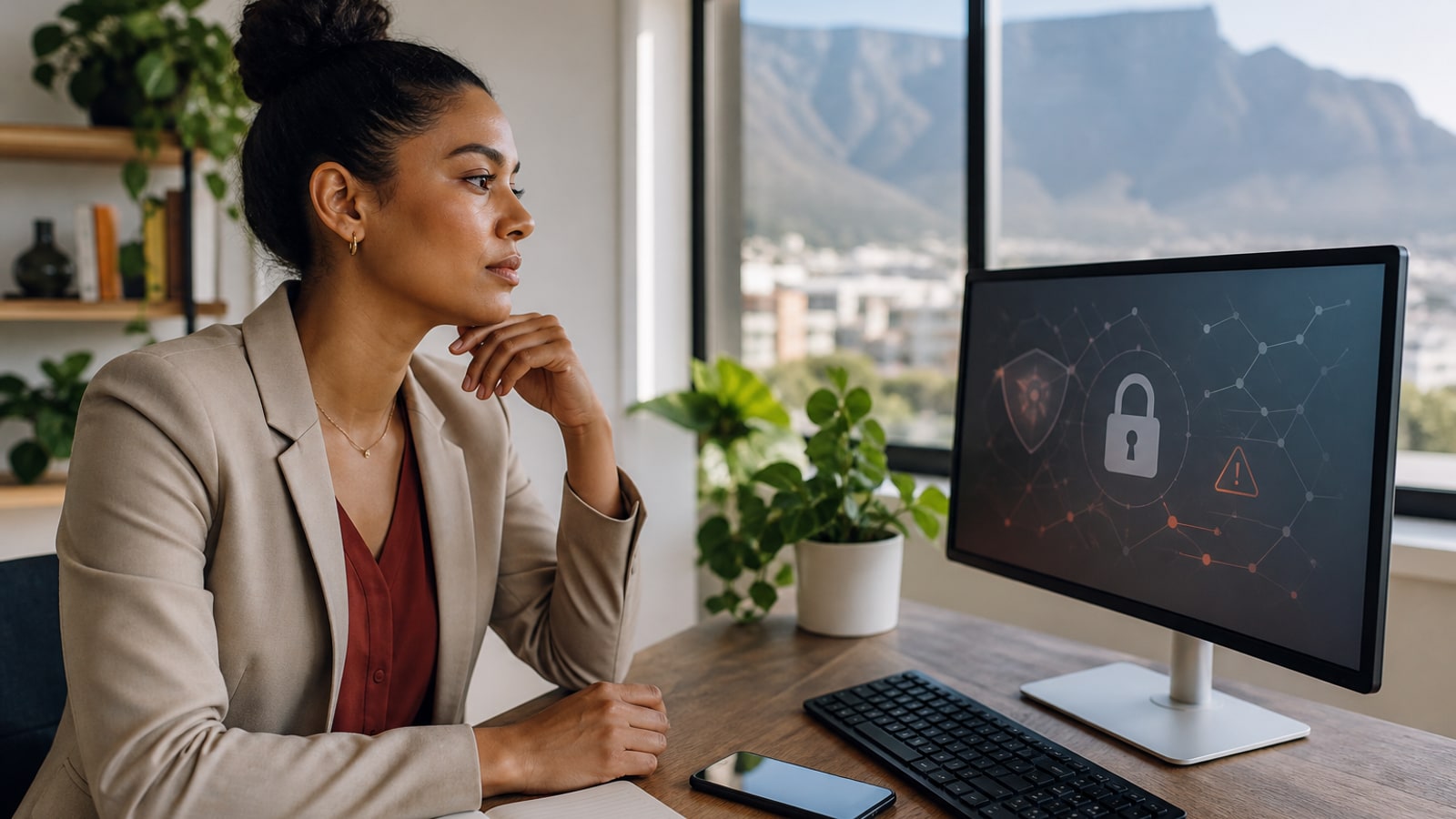 Cape Town SME owner at a desk monitoring security alerts with Table Mountain light beyond — cyber cover for small South African businesses
