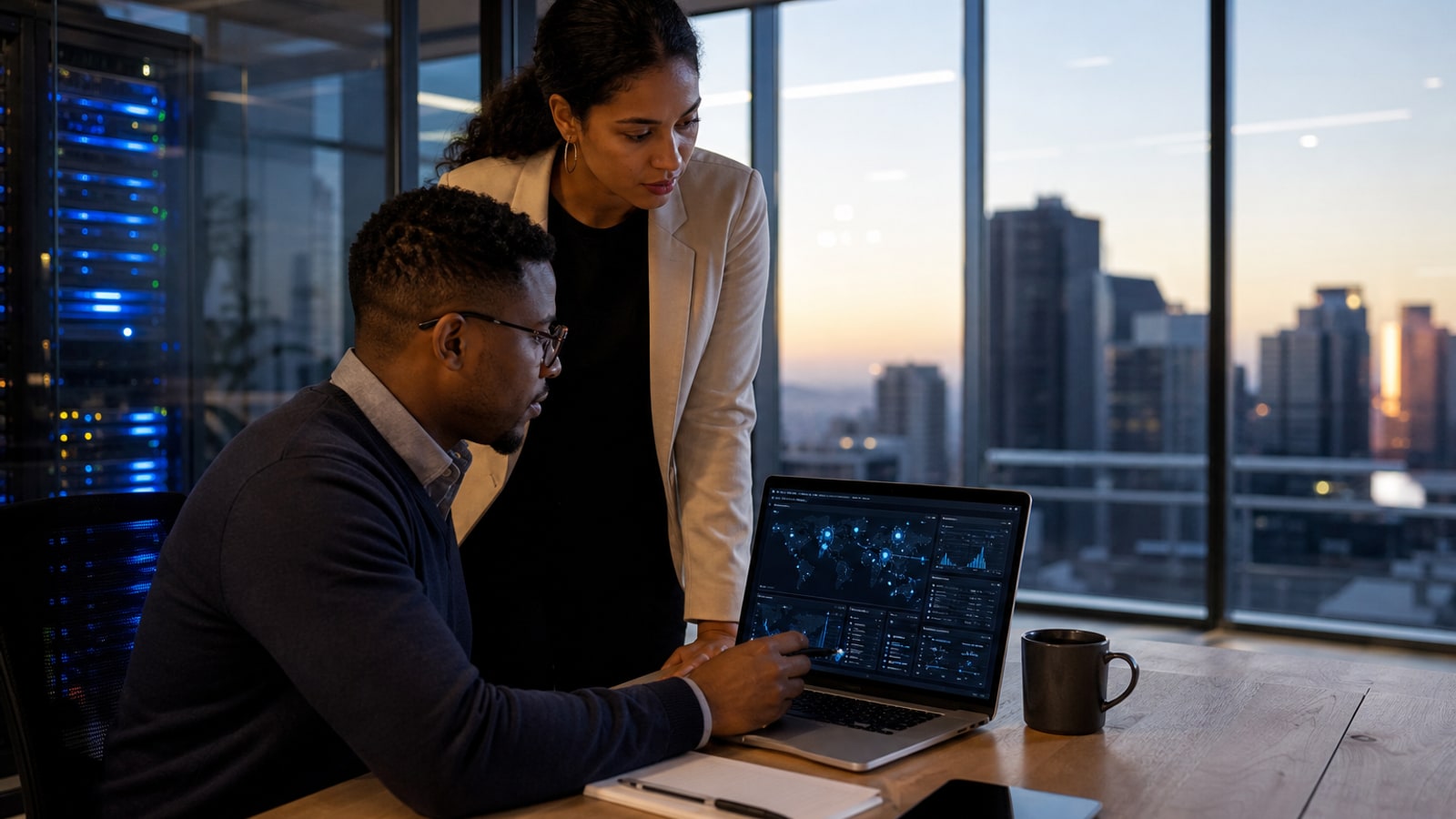 Sandton office team reviewing network-security dashboards with a glass-walled server room behind — cyber liability and POPIA breach-response cover