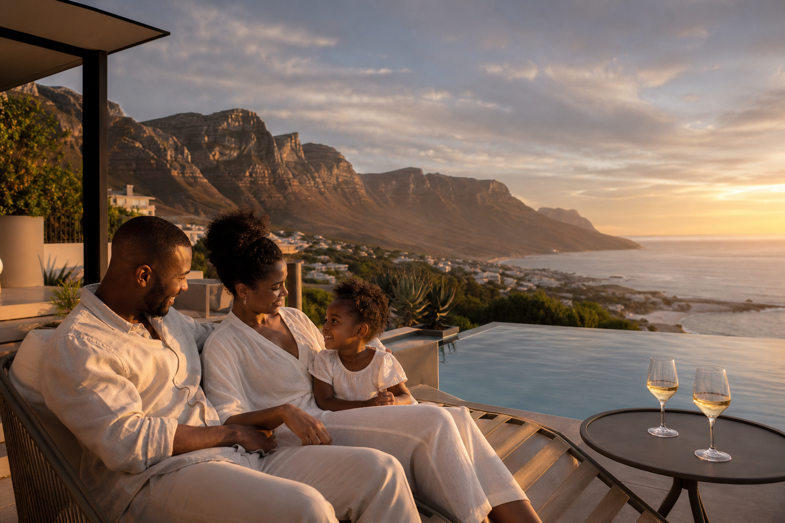 South African family on a Camps Bay villa terrace with infinity pool overlooking the Twelve Apostles — personal lifestyle assets on the Atlantic Seaboard