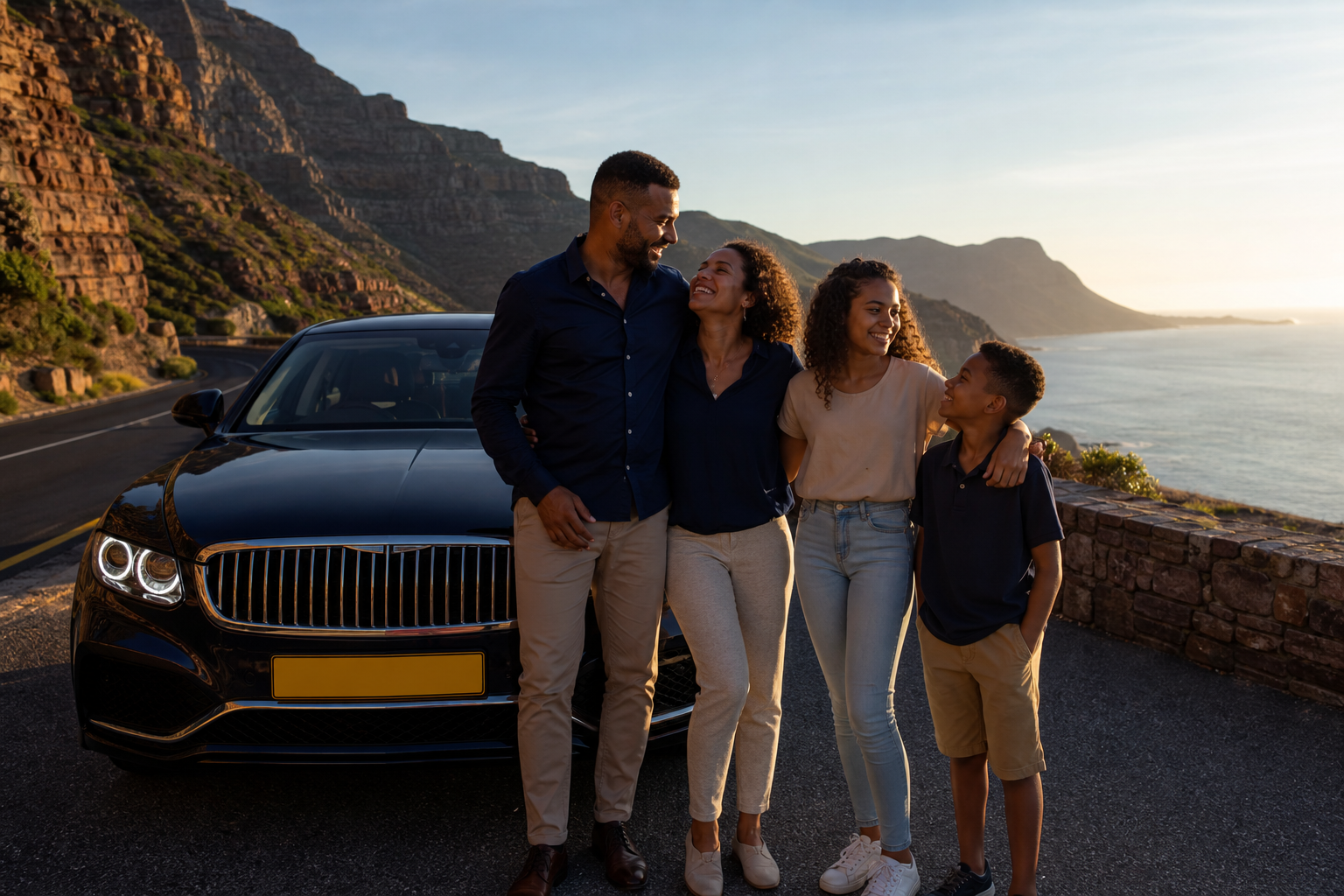 South African family beside their sedan on Chapman’s Peak Drive above the Atlantic — motor cover on Western Cape roads