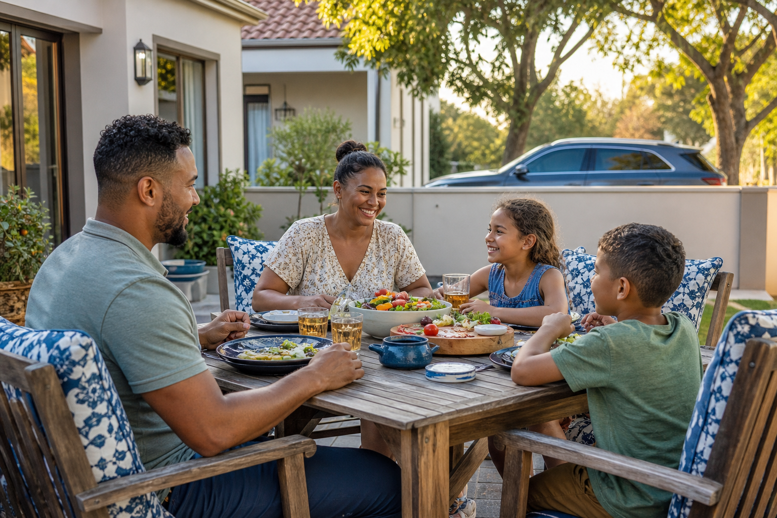 South African family dining in a Brackenfell garden courtyard — home and lifestyle cover for Northern Suburbs Cape Town clients