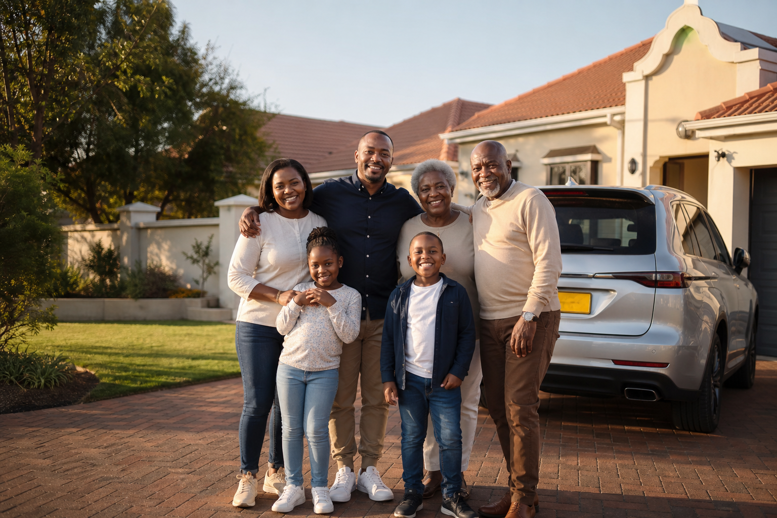 South African family with their home and SUV on an East Rand driveway — buildings, contents and motor cover for Gauteng clients