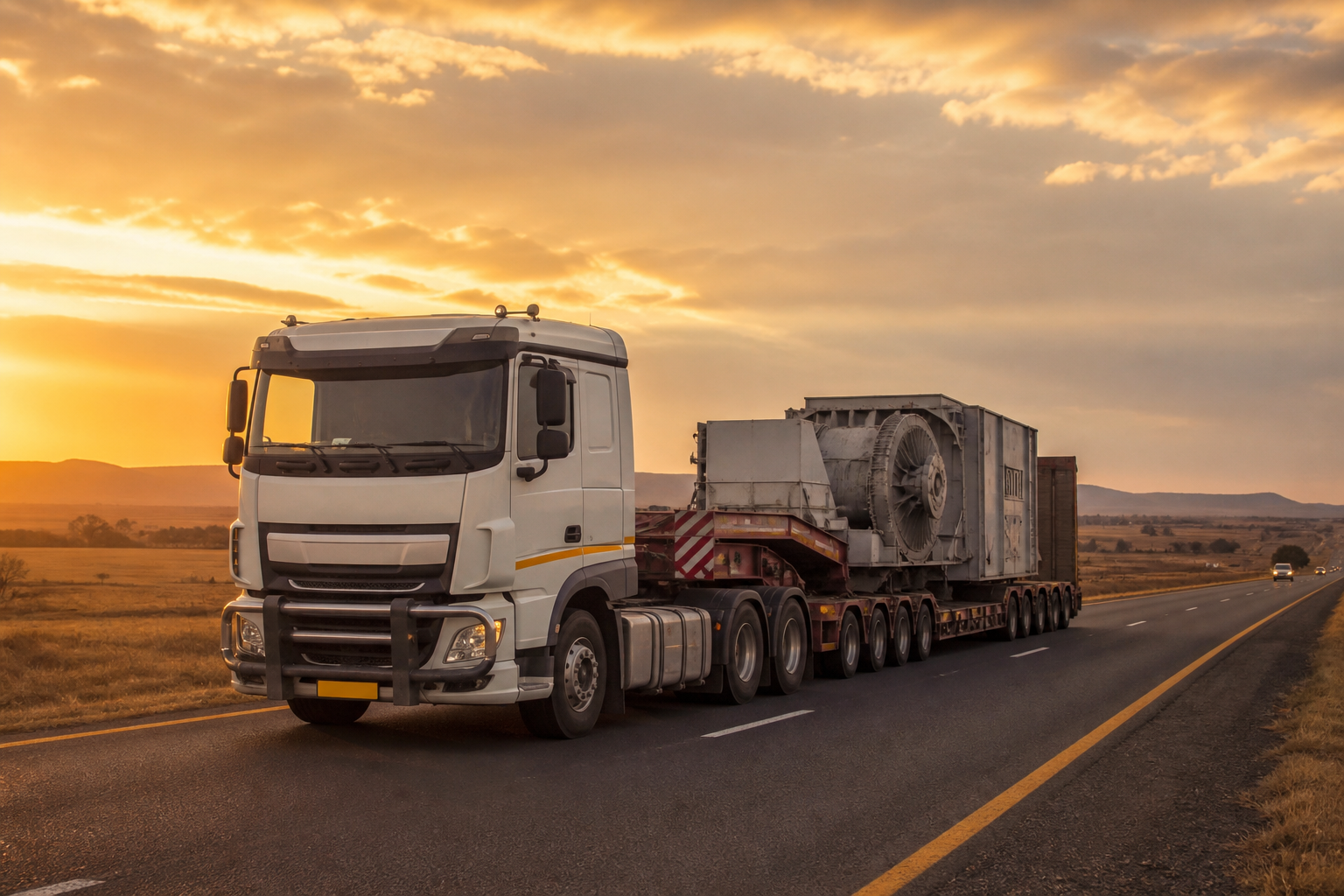 Articulated truck and trailer on a South African highway with a yellow SA plate — heavy haulage fleet and goods-in-transit cover