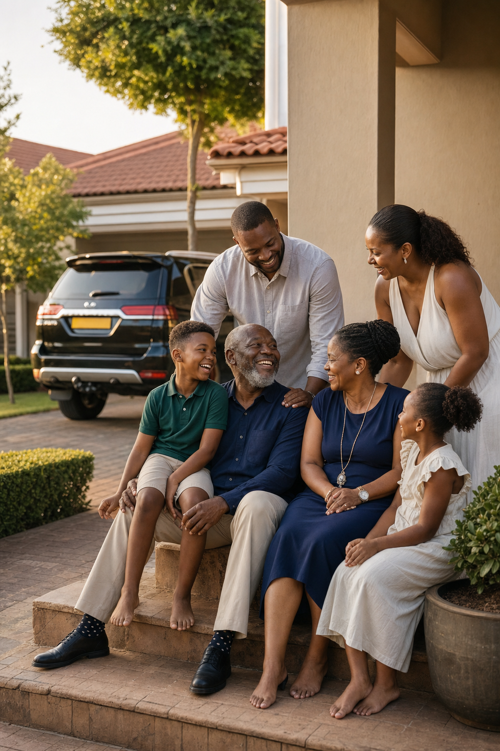 Multi-generational South African family laughing on their East Rand home porch with SUV in the driveway — personal cover for Gauteng clients